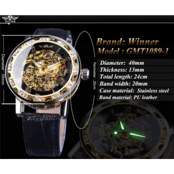 Top Brand Winner Fashion Golden Retro Watch Mens Mechanical Skeleton Diamond Display Luxury Wrist Watch Clock Relogio Masculin